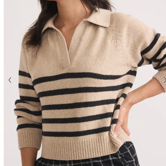 MARINE LAYER Claire Relaxed Knit Polo Sweater in Neutral Stripe, Size X-Large - Picture 14 of 15